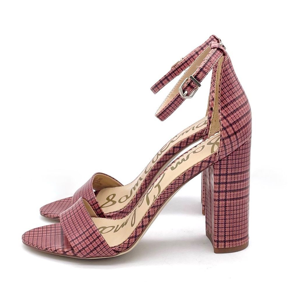 Sam Edelman Yaro Block Heel Ankle Strap Sandal Warm Pink Plaid Women’s Size 8.5